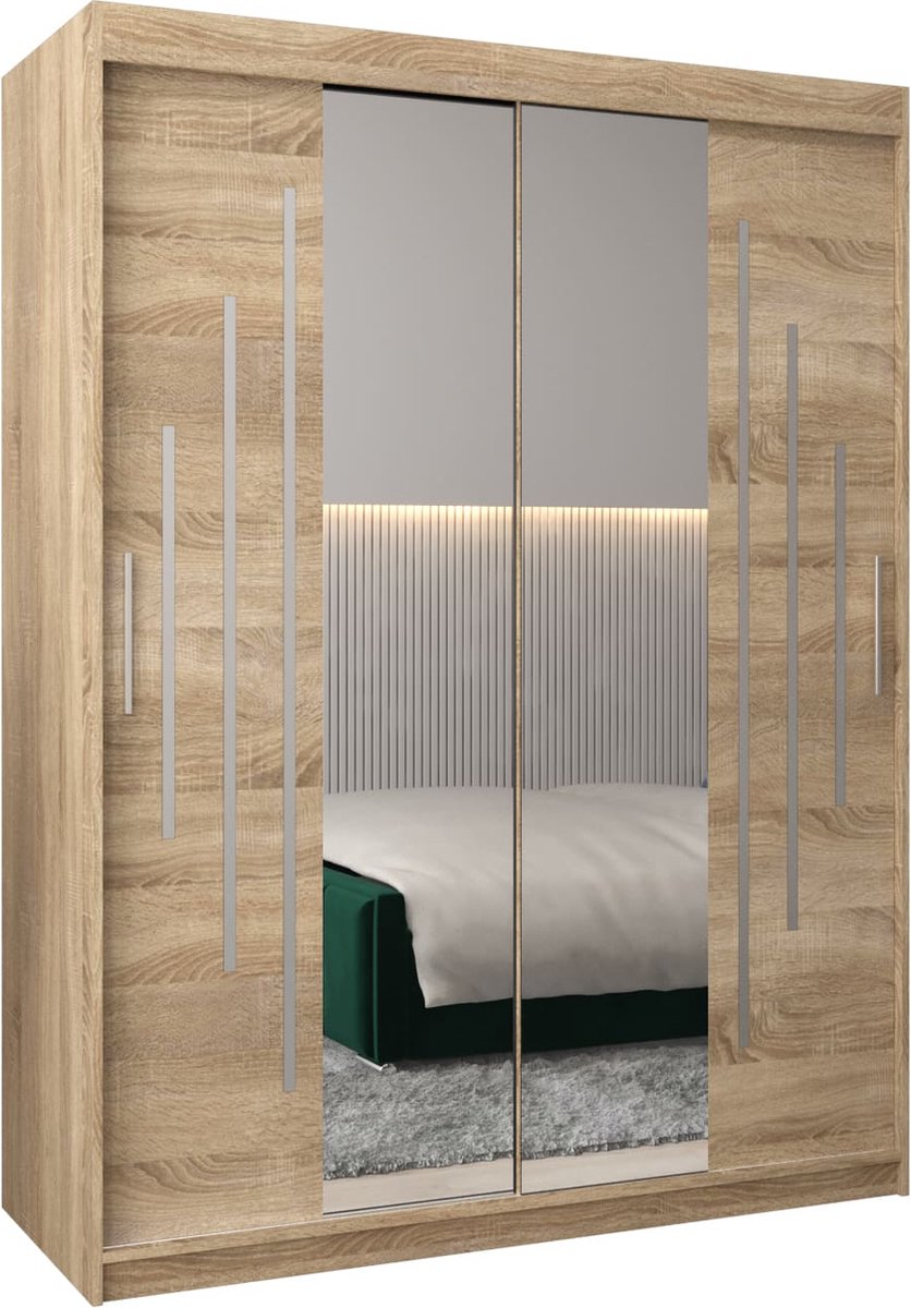 InspireME Kledingkast met 2 schuifdeuren, Modern-stijl, Een kledingkast met planken en een spiegel (BxHxD): 150x200x62 - MALTESE I 150 Sonoma Eik met 2 lades
