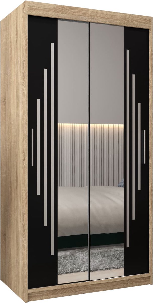 InspireME Kledingkast met 2 schuifdeuren, Modern-stijl, Een kledingkast met planken en een spiegel (BxHxD): 100x200x62 - MALTESE I 100 Sonoma Eik + Zwart Mat met 2 lades