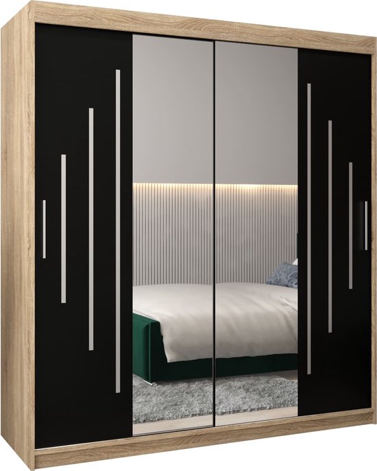 Kast met twee spiegeldeuren, met zwart mat en verticale zilveren lijnen, omringd door Sonoma eikenhout.