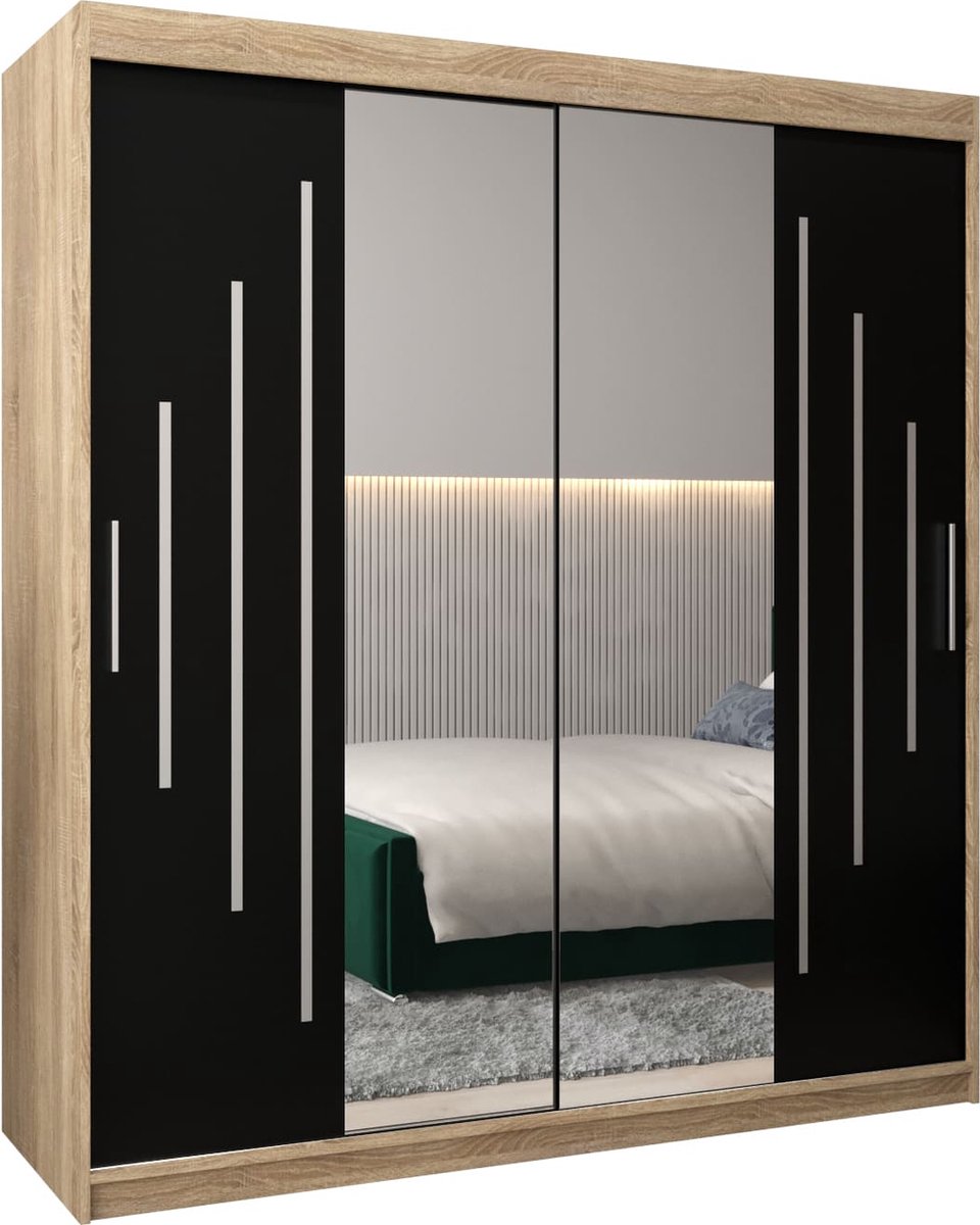 InspireME Kledingkast met 2 schuifdeuren, Modern-stijl, Een kledingkast met planken en een spiegel (BxHxD): 180x200x62 - MALTESE I 180 Sonoma Eik + Zwart Mat met 4 lades