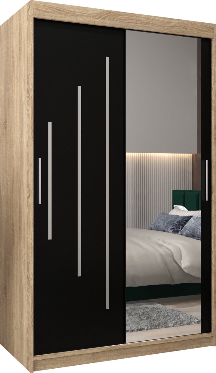 InspireME Kledingkast met 2 schuifdeuren, Modern-stijl, Een kledingkast met planken en een spiegel (BxHxD): 120x200x62 - MALTESE II 120 Sonoma Eik + Zwart Mat met 2 lades