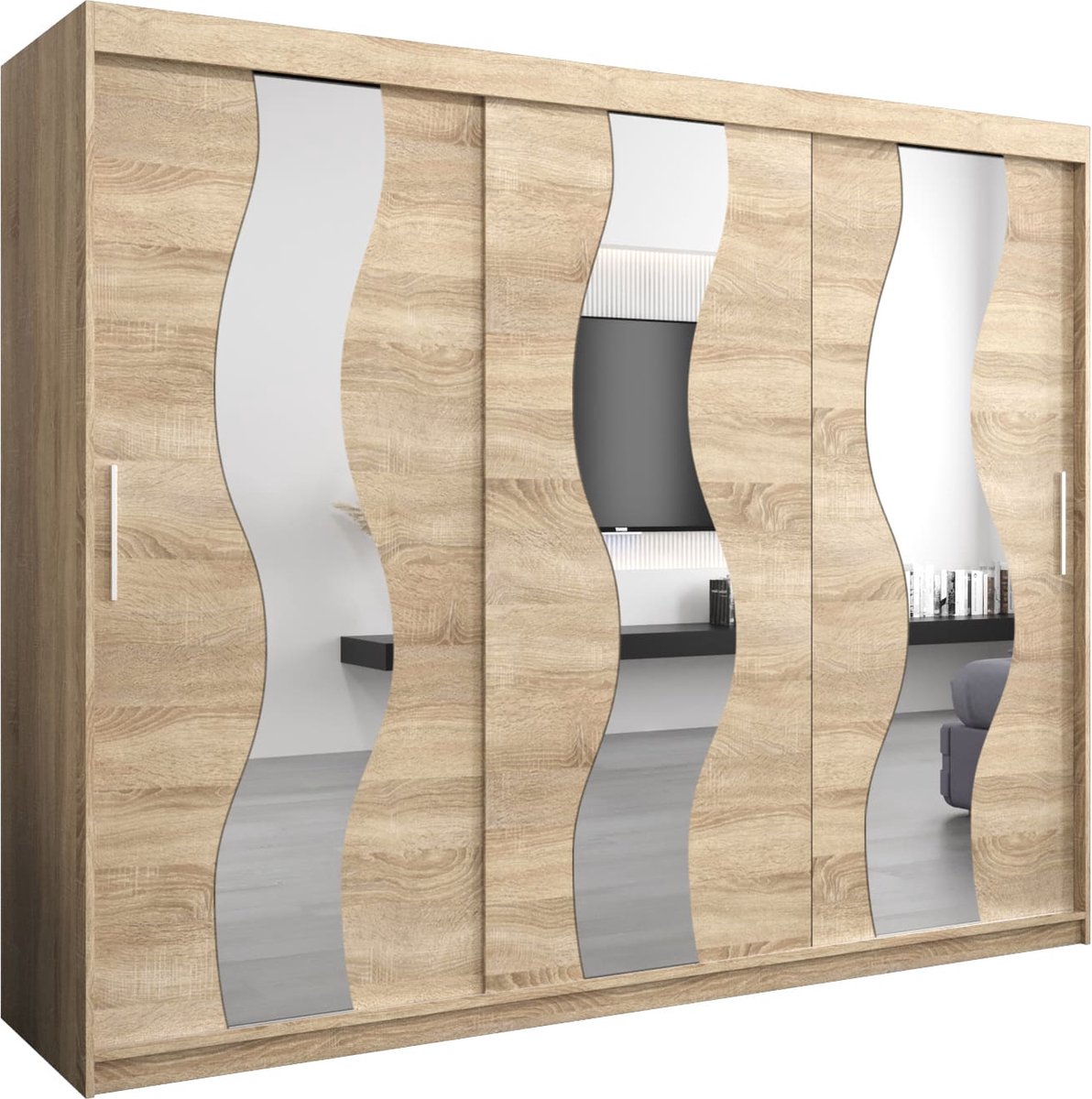 InspireME Kledingkast met 3 schuifdeuren, Modern-stijl, Een kledingkast met planken en een spiegel (BxHxD): 250x200x62 - REESE 250 Sonoma Eik met 4 lades
