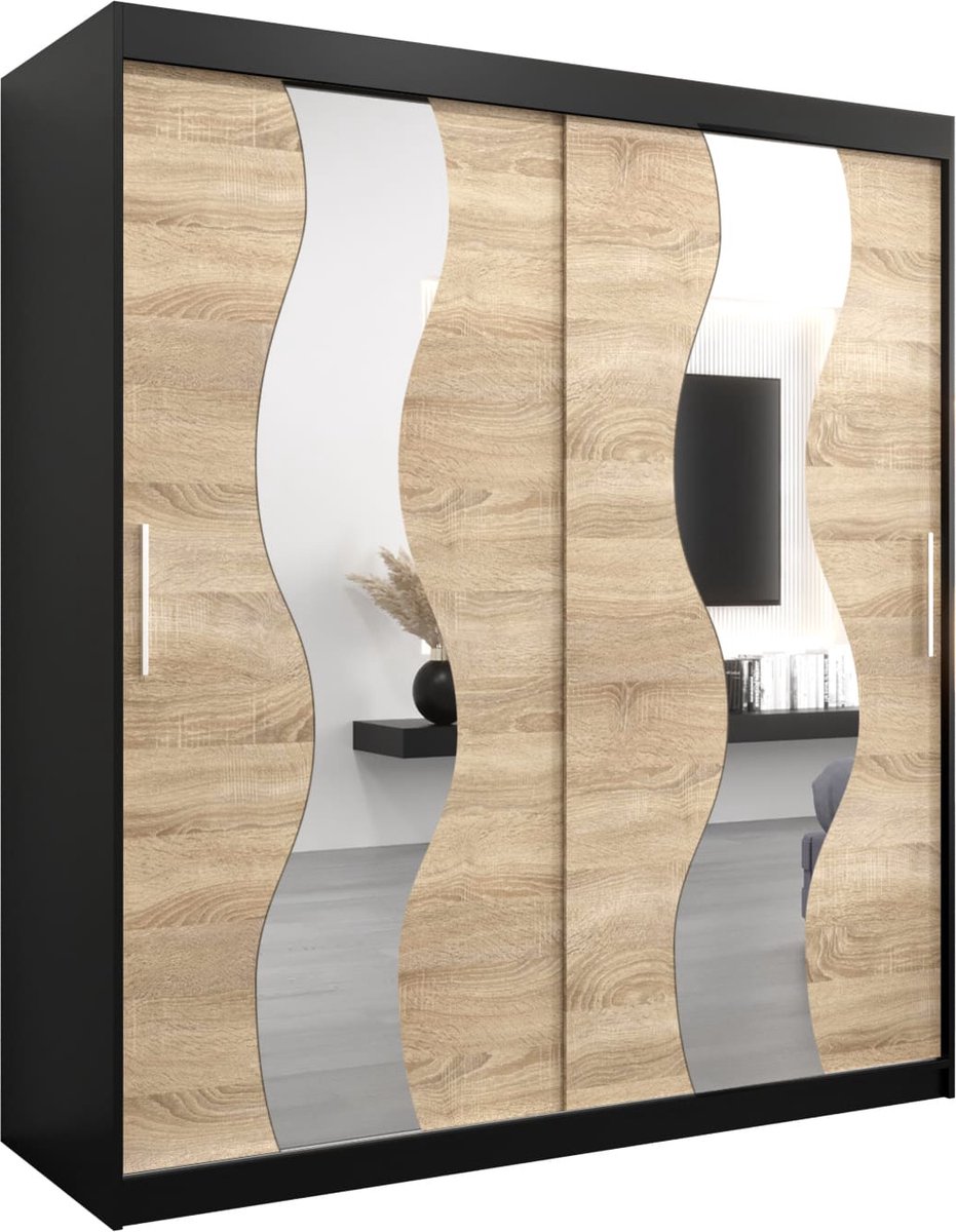 InspireME Kledingkast met 2 schuifdeuren, Modern-stijl, Een kledingkast met planken en een spiegel (BxHxD): 180x200x62 - REESE 180 Zwart Mat + Sonoma Eik met 4 lades