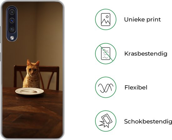 Coque Samsung Galaxy A30s - Chat - Table à manger - Assiette - Coque de téléphone en Siliconen