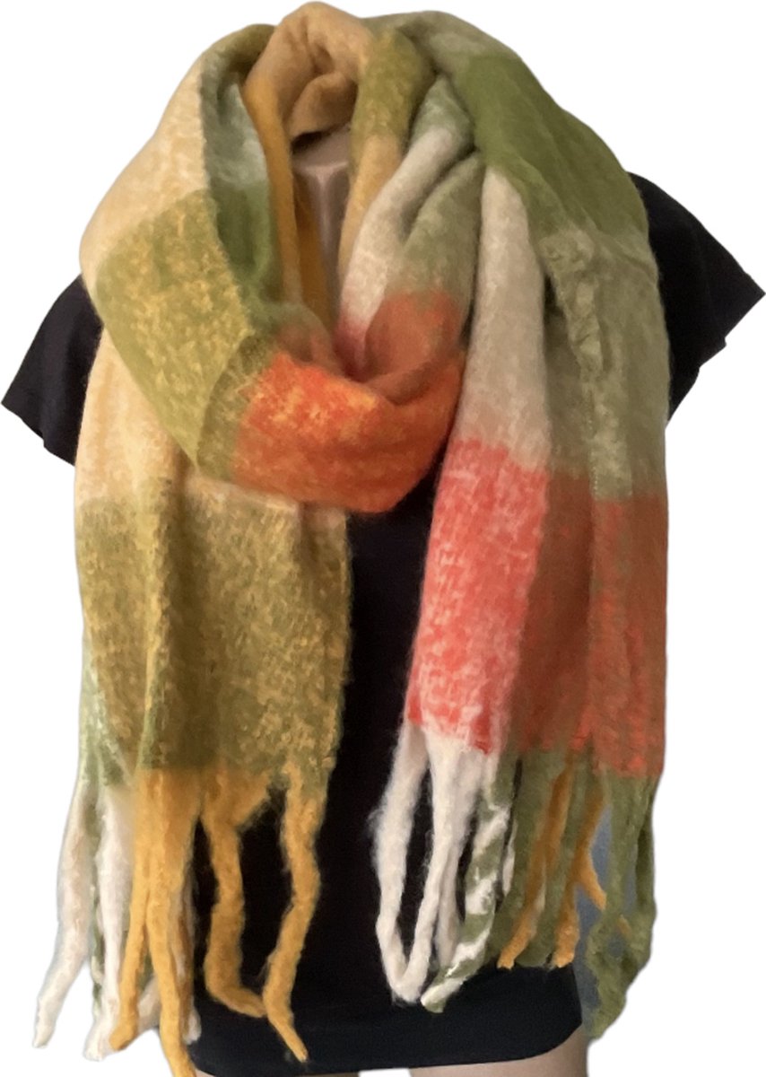 Warme Sjaal - Dikke Kwaliteit - Geblokt - Olijfgroen - 220 x 52 cm (999124#)