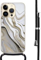 Hoesje met koord - Geschikt voor iPhone 14 Pro - Marmer wit goud - Verstelbaar zwart koord - Transparant, Goud, Wit - Marmer - Leuke Telefoonhoesjes