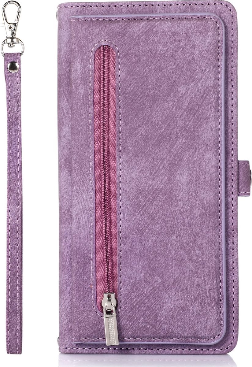 Mobigear Telefoonhoesje geschikt voor Apple iPhone 14 Pro Hoesje | Mobigear Zipper Bookcase Portemonnee | Pasjeshouder voor 3 Pasjes | Telefoonhoesje voor Pinpas / OV Kaart / Rijbewijs - Paars