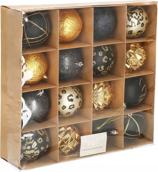 Verpakking met 16 kerstballen in diverse patronen: luipaardprint, bladeren, glitter en geometrisch, in goud en zwart.