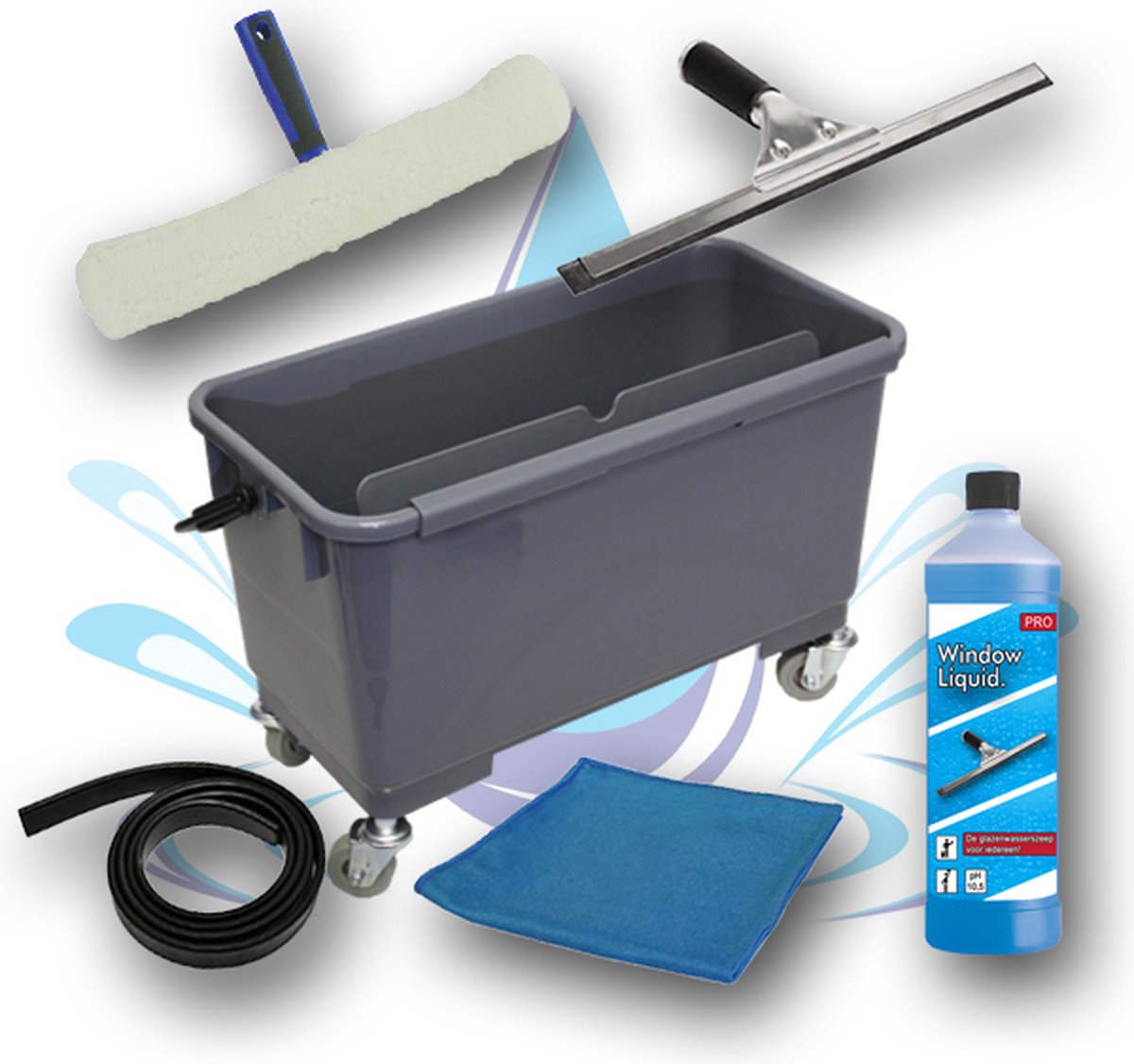 Goedkoopste PREMIUM Professionele Glasreinigingsset 7in1 - Emmer met wielen, Window Liquid., Inwasser, Raamwisser 35cm