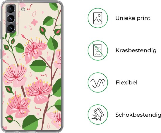 Coque Samsung Galaxy S21 Plus - Bloem - Rose - Feuille - Motif - Coque de téléphone en Siliconen