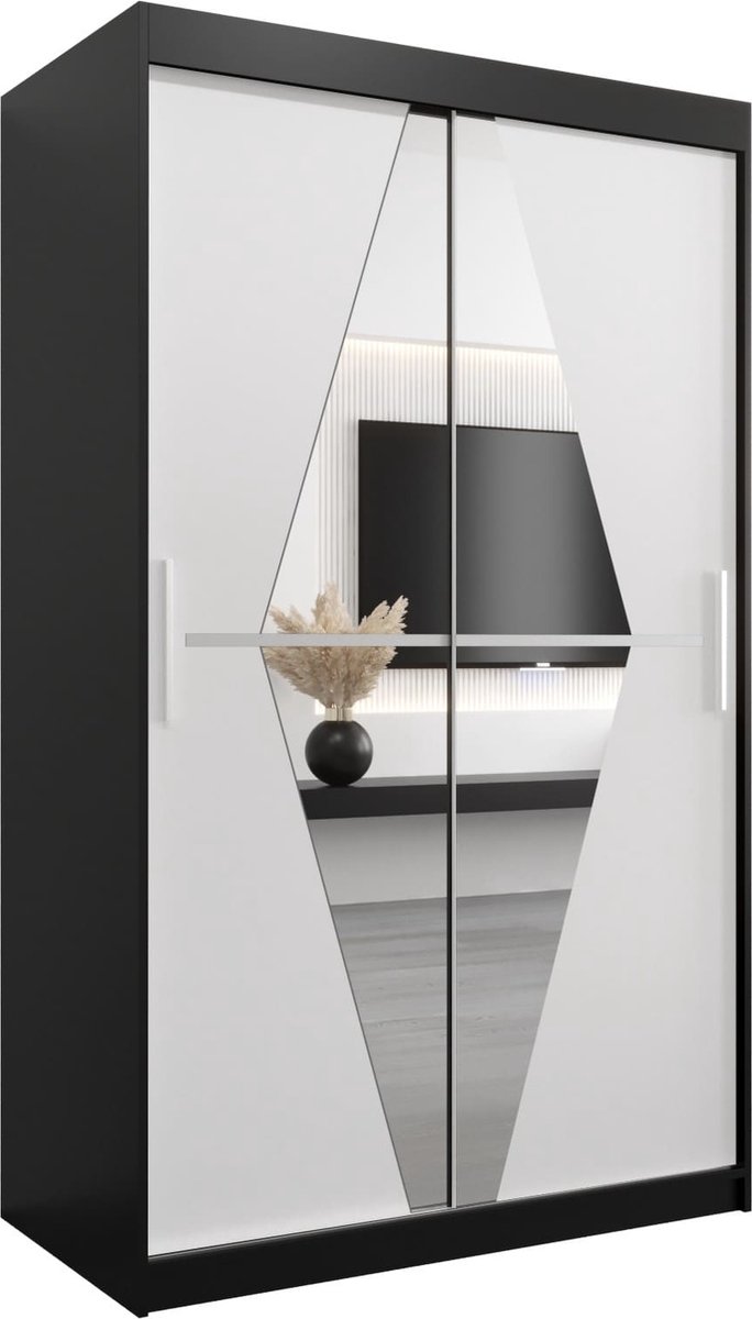 InspireME Kledingkast met 2 schuifdeuren, Modern-stijl, Een kledingkast met planken en een spiegel (BxHxD): 120x200x62 - BOLA 120 Zwart Mat + Wit Mat met 2 lades