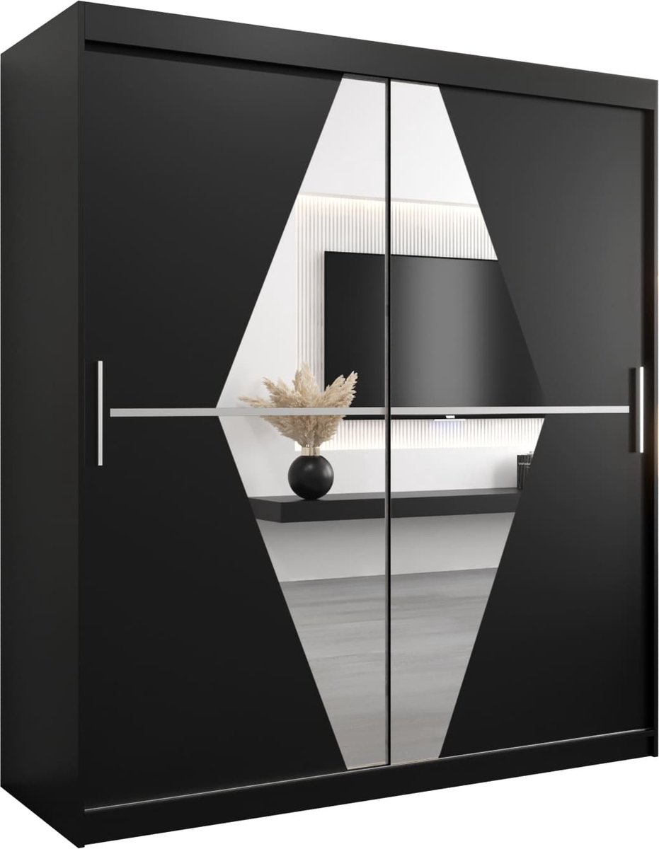 InspireME Kledingkast met 2 schuifdeuren, Modern-stijl, Een kledingkast met planken en een spiegel (BxHxD): 180x200x62 - BOLA 180 Zwart Mat met 4 lades