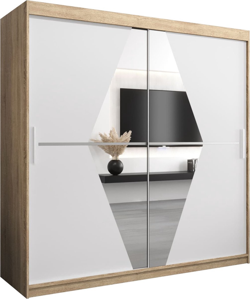 InspireME Kledingkast met 2 schuifdeuren, Modern-stijl, Een kledingkast met planken en een spiegel (BxHxD): 200x200x62 - BOLA 200 Sonoma Eik + Wit Mat met 4 lades