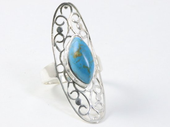 Langwerpige opengewerkte zilveren ring met blauwe turkoois - maat 19