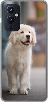 Geschikt voor OnePlus 9 hoesje - Een Golden Retriever puppy lopend op de stoep - Siliconen Telefoonhoesje