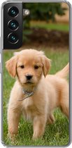 Geschikt voor Samsung Galaxy S22 hoesje - Golden Retriever pup in het groene gras - Siliconen Telefoonhoesje
