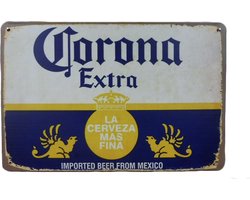 Wanddecoratie - Corona Extra blauw - Metalen wandbord - Tekstbord - Bier borden metaal - Vintage wandbord - Retro wandbord - Corona bier - Bier bord - 20 x 30cm - Cave & Garden Image
