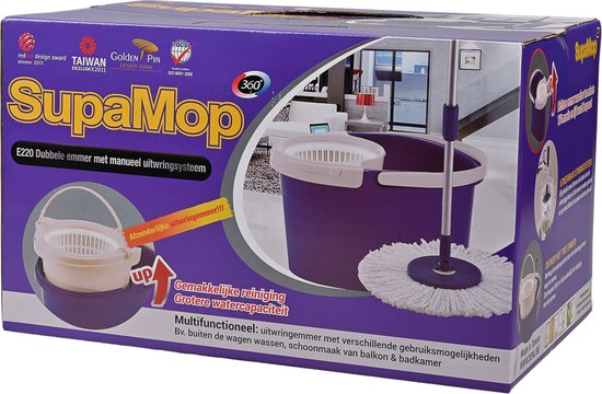 Boîte Supa Mop violette avec des images du seau et de la mop violets, y compris les prix 'red dot design award' et 'Taiwan Excellence'.