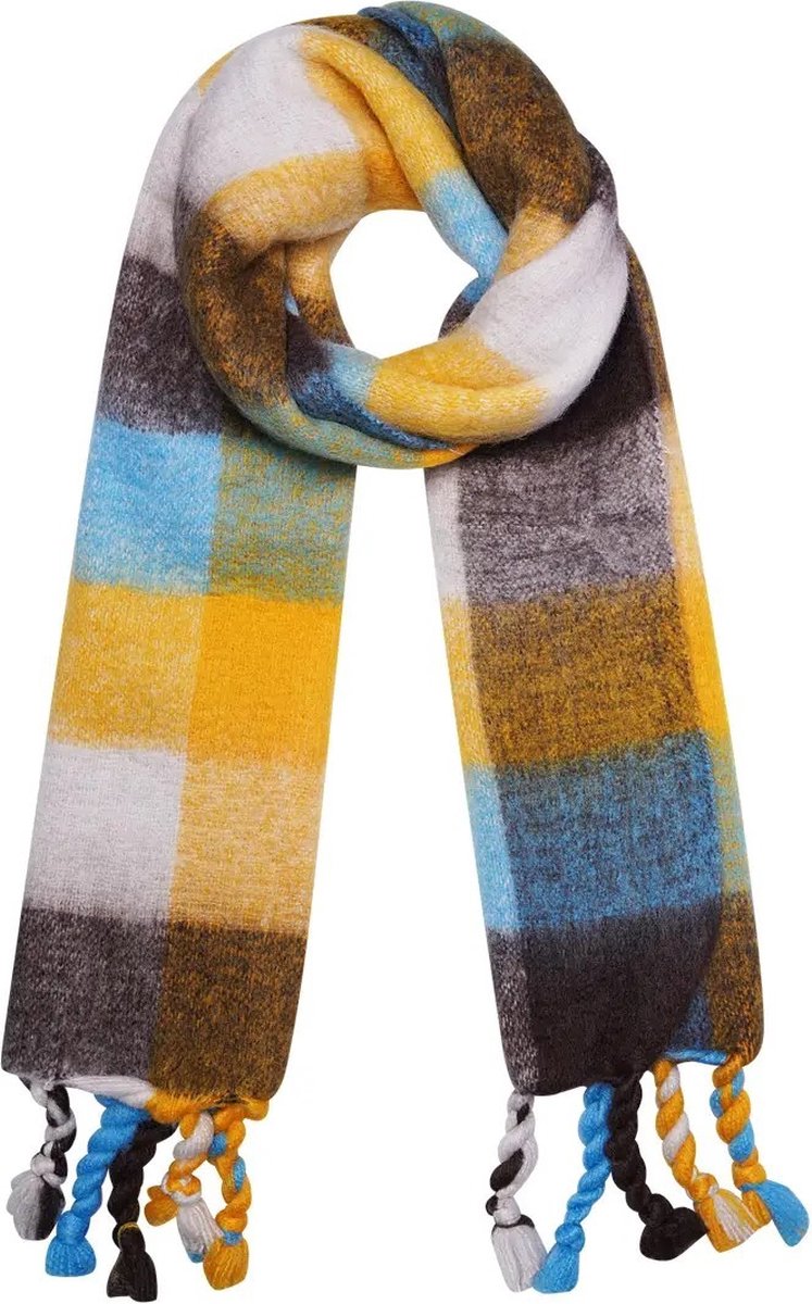 Kleurrijke wintersjaal geblokt - Kleur Mix geel, blauw, wit en zwart - Lange Warme sjaals