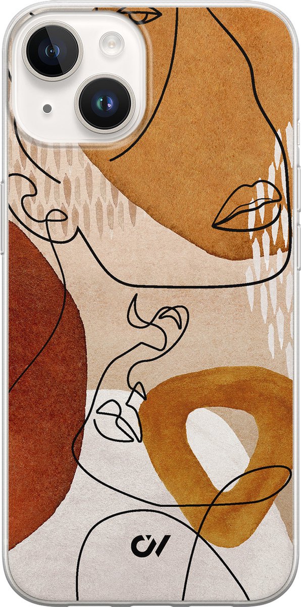 Hoesje geschikt voor Apple iPhone 14 - Abstract Shape Faces - - Bruin - Apple - Casevibes