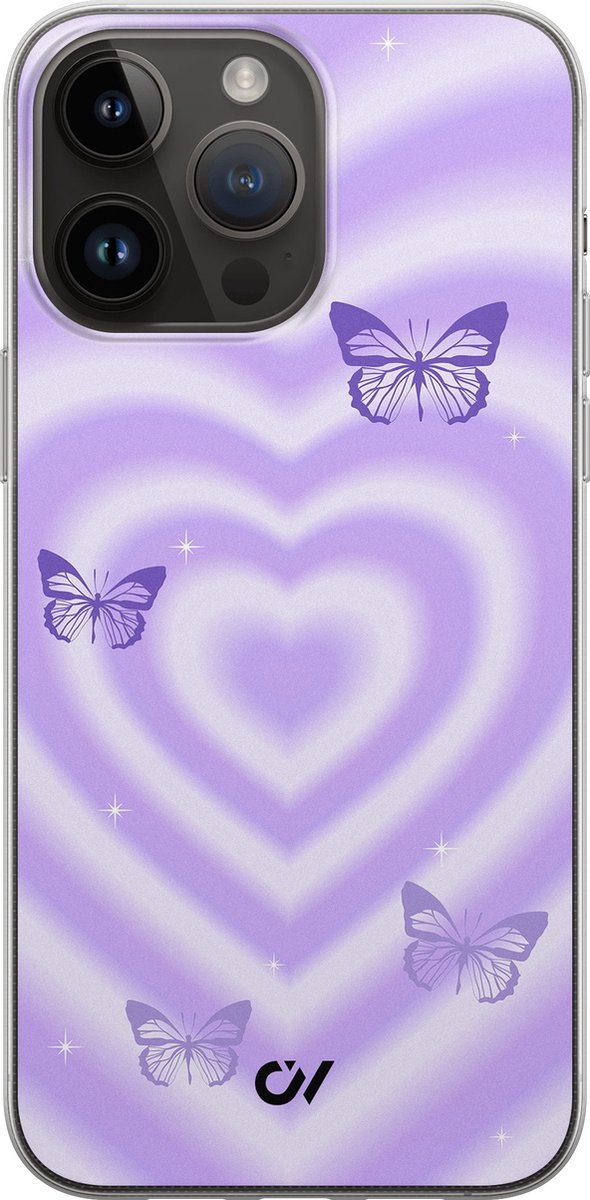 Hoesje geschikt voor Apple iPhone 14 Pro Max - Retro Hart Vlinder - - Paars - Apple - Casevibes