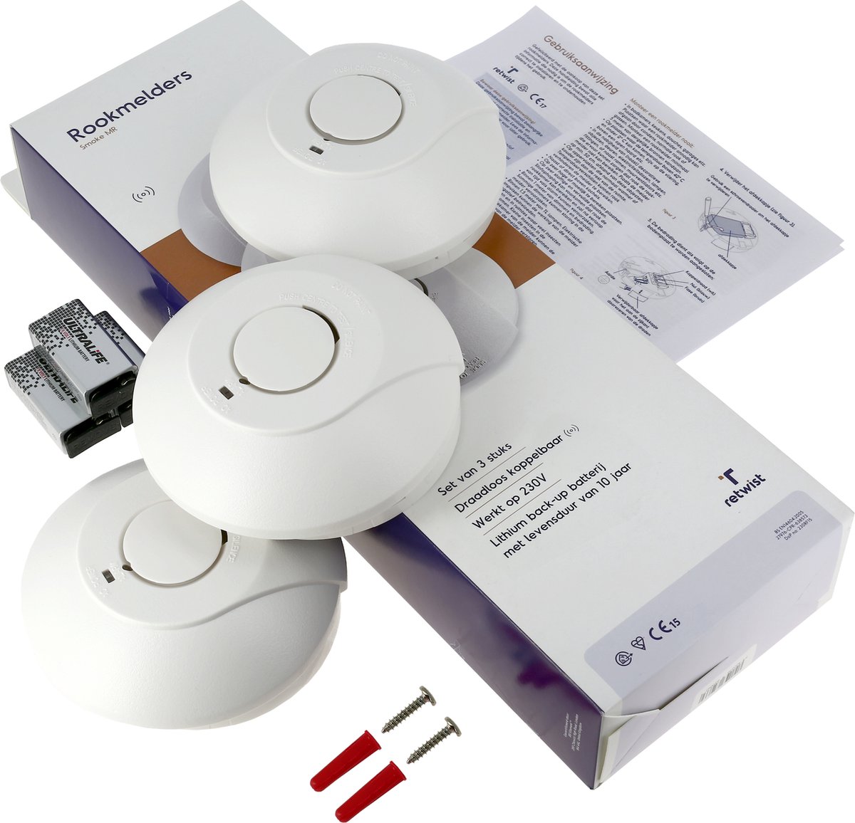 Retwist Smoke MWR - Rookmelders - Set van 3 stuks - 230V - Bedraad en draadloos koppelbaar