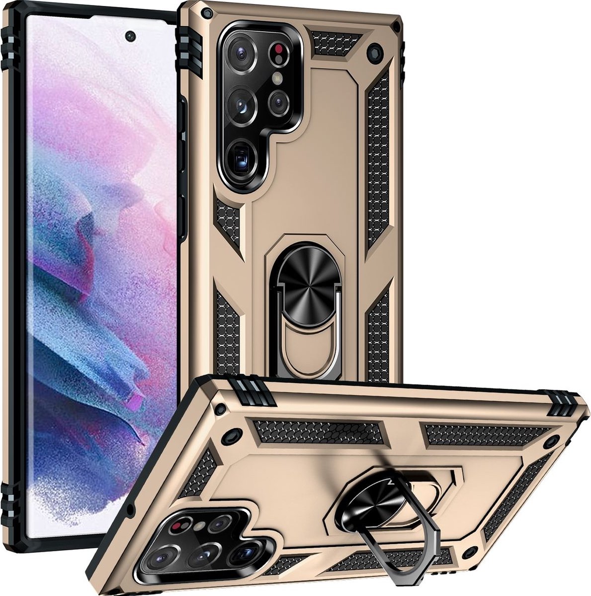 Mobigear Hoesje geschikt voor Samsung Galaxy S23 Ultra Telefoonhoesje Hardcase | Mobigear Armor Ring Backcover Shockproof met Ringhouder | Schokbestendig Galaxy S23 Ultra Telefoonhoesje | Anti Shock Proof - Goud