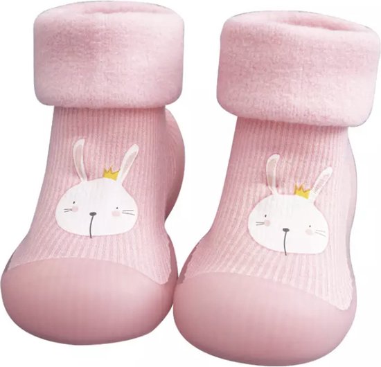 Fleece anti-slip babyschoentjes - Sok sloffen - Eerste loopschoentjes van Baby-Slofje - Roze Konijn maat 18/19