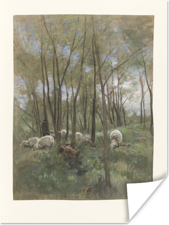 Schapenkudde in een bos - Schilderij van Anton Mauve Poster 30x40 cm - klein - Foto print op Poster (wanddecoratie woonkamer / slaapkamer)