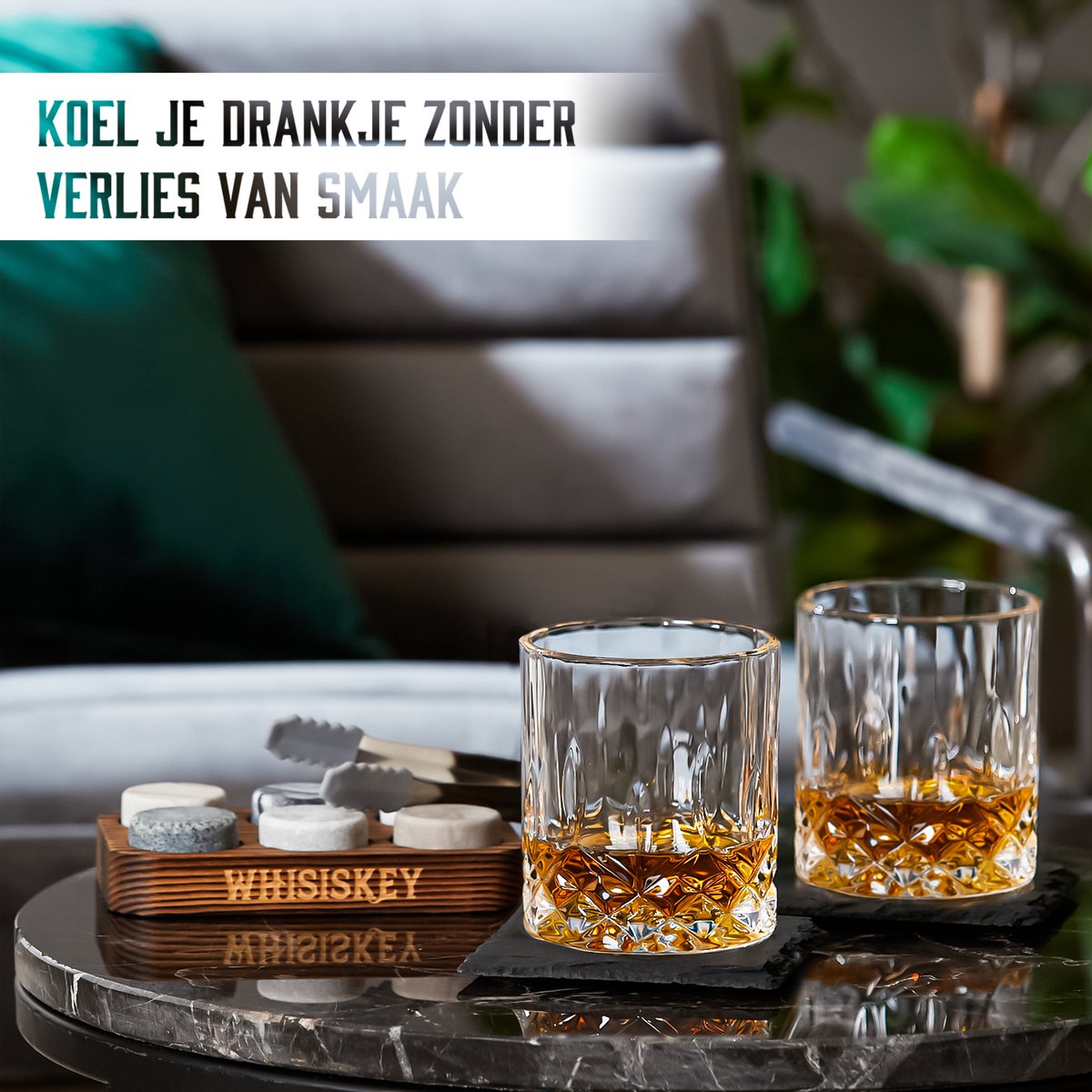 WHISISKEY Whisky Stones Set - 12 Stuks Granieten Stenen + Fluwelen Zak & Tang - Cadeau