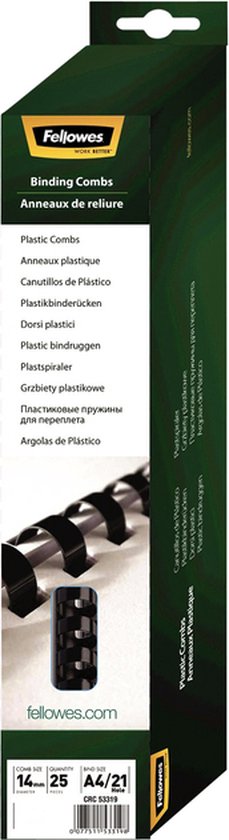 Fellowes Plastic binding combs, 14mm, zwart, 25 stuks. Doos met afbeelding van plastic bindring.