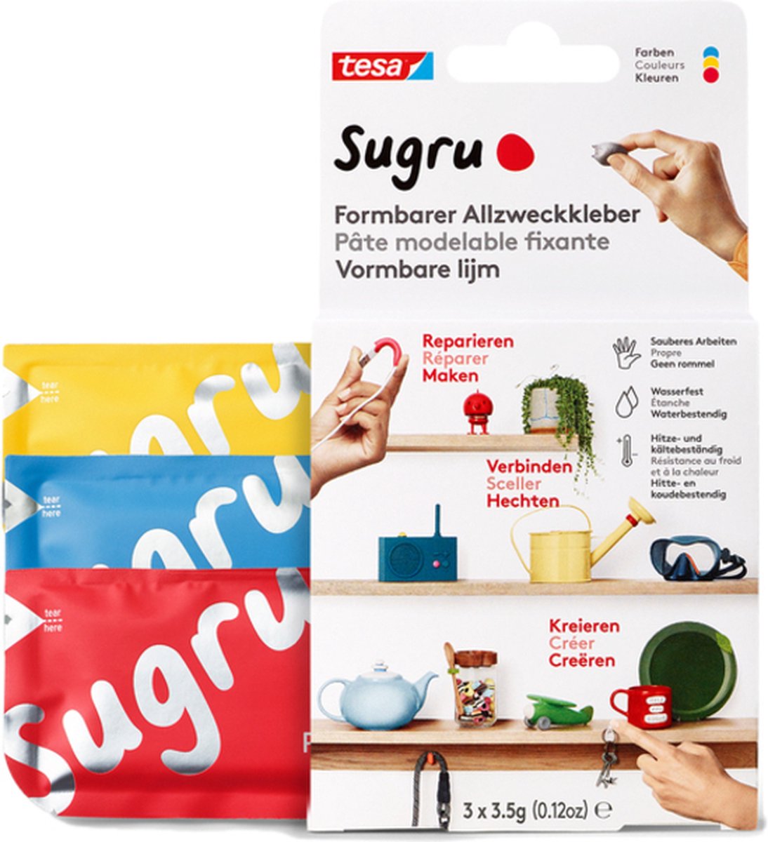 Kneedbare lijm Sugru Tesa 41233 3 pak rood blauw geel