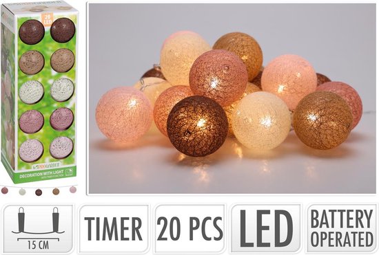 Decoratieslinger Verlicht LED met 20 katoenen ballen op batterijen met timer (excl. 3x AA batterij)