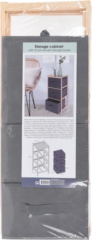 Grijze stoffen opbergkast met houten frame, met afbeelding van de kast met 3 lades.