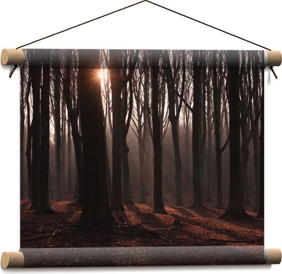 WallClassics - Textielposter - Zon in Herfst Bos - 40x30 cm Foto op Textiel
