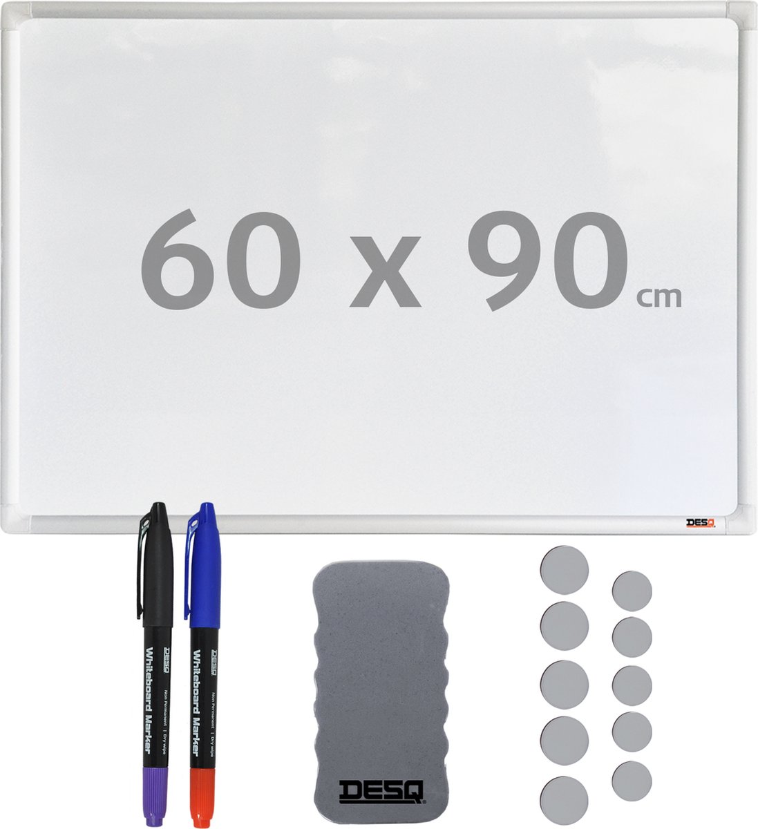 DESQ® Whiteboard met starterspack | Magnetisch | Aluminium Frame | 60 x 90 cm