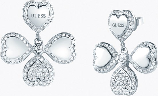 Clous d'oreilles Guess argentés en forme de trèfle avec cœurs et oxydes de zirconium.