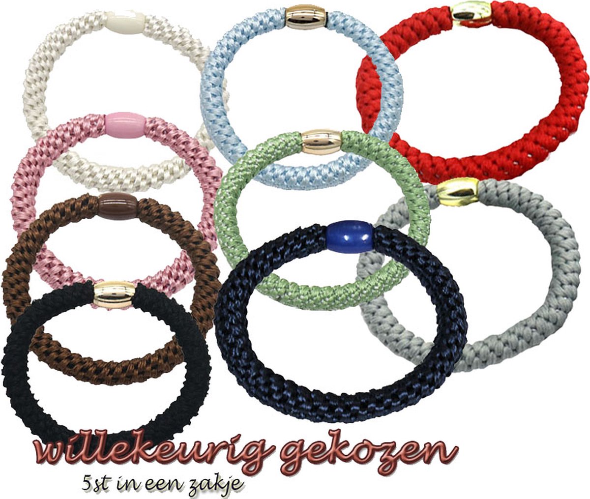 Haarelastiekjes - Armbanden - Elastisch - Set 5 Stuks : gekozen uit : Blauw, Geel, Paars, Creme, Groen, Zwart, Rood, Grijs, Bruin, licht-blauw, Wit en Roze