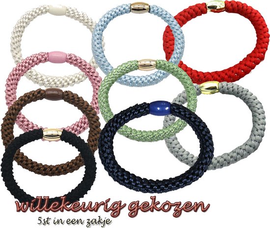 Haarelastiekjes - Armbanden - Elastisch - Set 5 Stuks : gekozen uit : Blauw, Geel, Paars, Creme, Groen, Zwart, Rood, Grijs, Bruin, licht-blauw, Wit en Roze