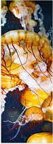 WallClassics - Poster Glanzend – Gele Kwallen in de Zee - 50x150 cm Foto op Posterpapier met Glanzende Afwerking