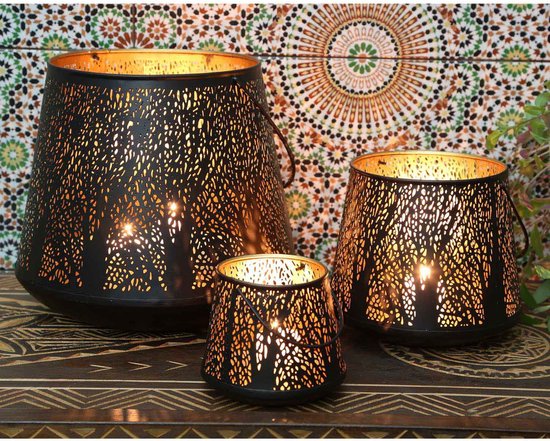 Windlicht - lantaarn - XXL SET van 3 - zwart Goud - Arabisch - 1001 nacht - Woonaccessoire - Wonen - Sfeer - Interieur - Woon - Woonaccessoires - Accessoire - Luxe - Oosterse - Oosters - Zwart en Goud kleurig - Winter - Kerstmis - Kerst - Christmas