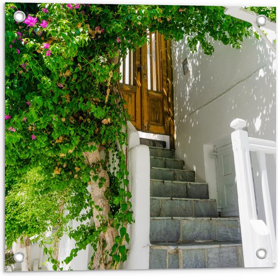 WallClassics - Tuinposter – Boog van Bloemen - 50x50 cm Foto op Tuinposter  (wanddecoratie voor buiten en binnen)