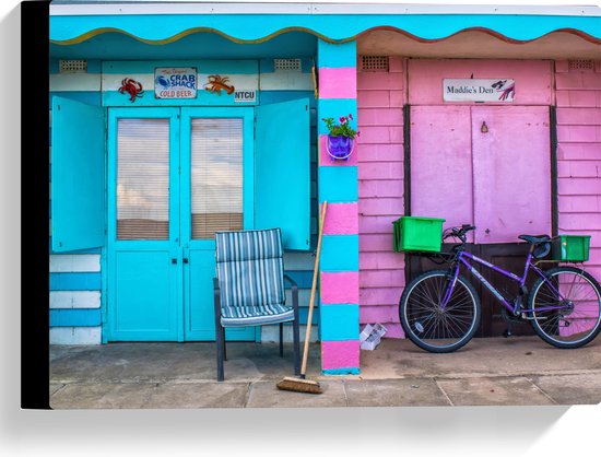 WallClassics - Canvas  - Blauw en Roze Strandhuisjes - 40x30 cm Foto op Canvas Schilderij (Wanddecoratie op Canvas)