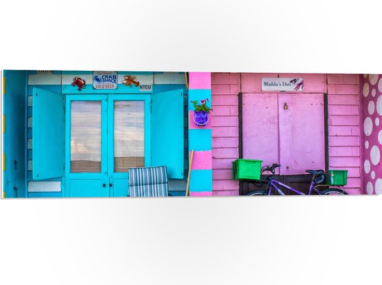 WallClassics - PVC Schuimplaat- Blauw en Roze Strandhuisjes - 90x30 cm Foto op PVC Schuimplaat