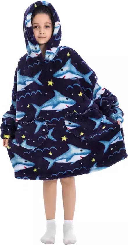 Fleece Hoodie Deken - Deken met Mouwen - Kinderen - Unisex - 7-13 Jaar - Blauwe Haai