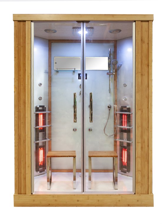 Astera Rustica Infrarood Stoomcabine 2 Persoons 90x145x215 cm Sauna met mengkraan regendouche massagejets LED-verlichting Bluetooth