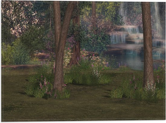 WallClassics - Vlag - Bloemen en Bomen bij Waterval - 40x30 cm Foto op Polyester Vlag