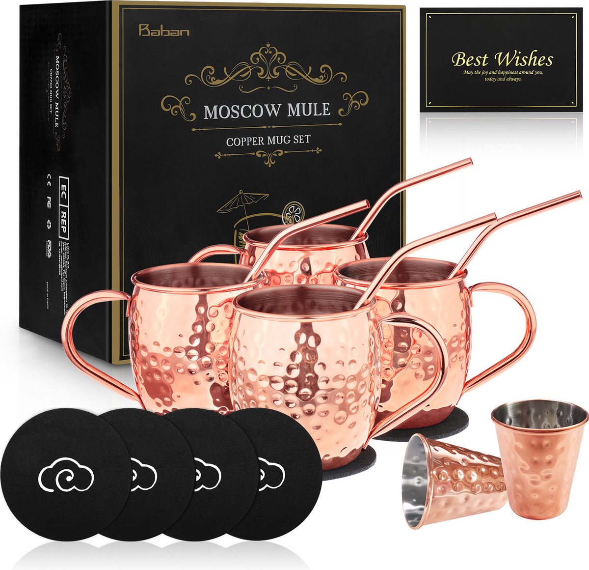 Beker set geschenkdoos Kopjes Cocktailglazen Met Rietje | Maatbeker | Wenskaart | Onderzetter