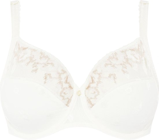 Soutien-gorge blanc à armatures et dentelle avec un motif subtil de pois et des détails en dentelle beige sur les bonnets.