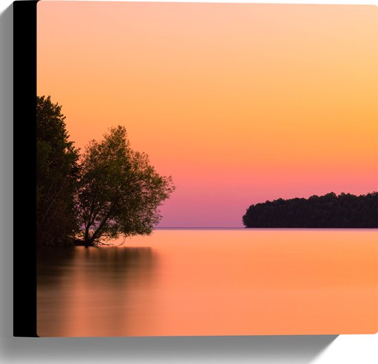 WallClassics - Canvas  - Boom over Water bij Oranje/Roze Lucht - 30x30 cm Foto op Canvas Schilderij (Wanddecoratie op Canvas)